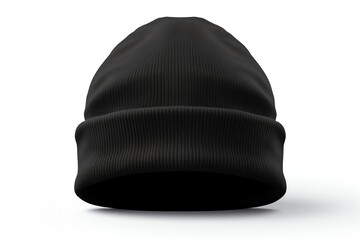 A minimalist black knit beanie hat isolated on a white background. Simple winter hat perfect for casual wear and warmth.