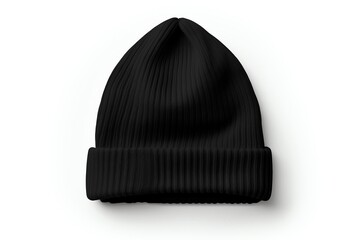 Black knit beanie hat isolated on white background. Winter accessory, warm, stylish, minimalist, ribbed texture. Perfect for casual outings.