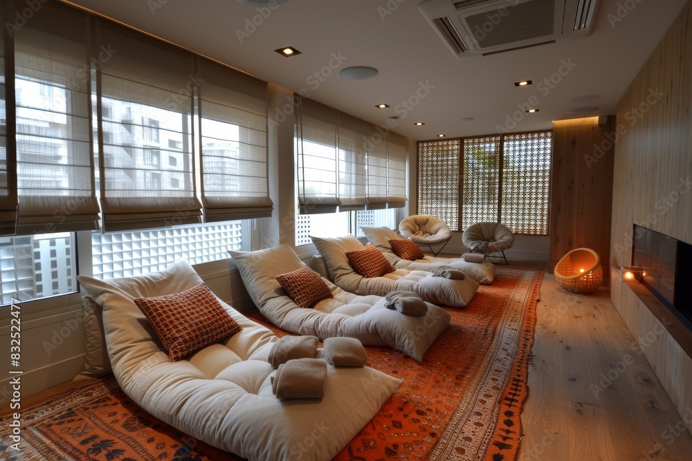 Poster cozy lounge with floor cushions and ambient lighting, offering a comfortable and relaxing space for 