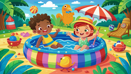 Two small children playing in a colorful inflatable pool