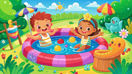 Fototapeta premium Two small children playing in a colorful inflatable pool