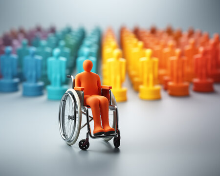 a disabled person in a wheelchair being included by people behind him representing concepts like disability, invalidity, inclusion, together, help, helping, support