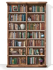 of a Tidy Narrow Bookshelf Filled with Books and Decorative Items on White