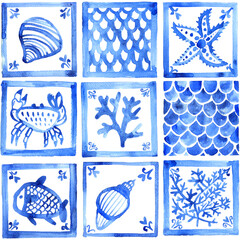 Watercolor seamless pattern with blue ceramic tile designs on a marine theme. Seashells, starfish, fish, scales pattern background. © Tonia Tkach
