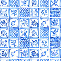 Ceramic tiles with blue sea illustrations seamless pattern. Background with tiles of shells, fish, algae. Portuguese blue tiles.