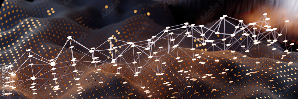 Poster digital network visualization on a dark, textured background.3d rendering