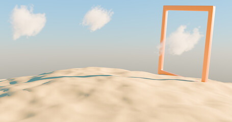 An empty wooden frame stands on a sandy landscape under a clear sky with a few clouds.3d rendering