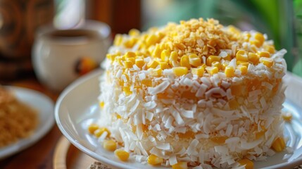 Steamed Sweet Corn Coconut Layer Cake Close Up