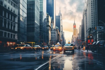 A busy city street with taxis and pedestrians