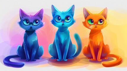 Fototapeta premium Vibrant digital illustration of three colorful cats sitting side by side, showcasing playful and artistic design with bright colors.