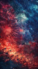 Vibrant fireworks burst in the night sky, illuminating waving American flags below, capturing the essence of celebration and patriotism.