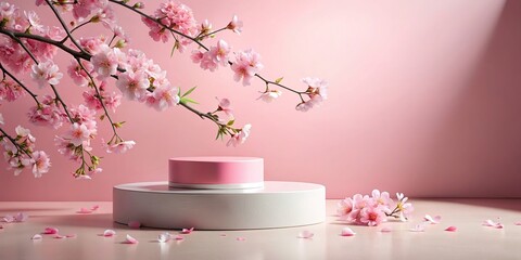 Product packaging mockup photo with a pink podium and cherry blossom background for a Japanese minimalistic style presentation