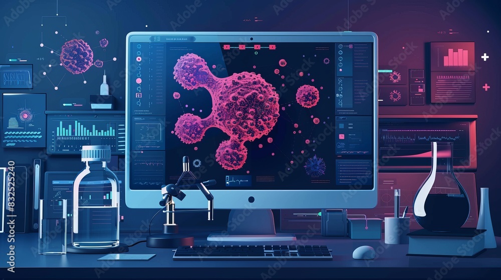 Poster 3d render, computer algorithm for cancer. flat design front view, scientific theme