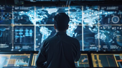 Fototapeta premium A supply chain expert using a digital map to monitor global shipping lanes in real-time