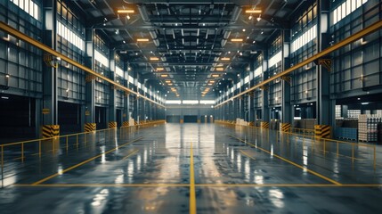 A realistic 4K image of a state-of-the-art global distribution center with integrated digital controls