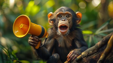 Fototapeta premium Young Chimpanzee Holding Yellow Megaphone 