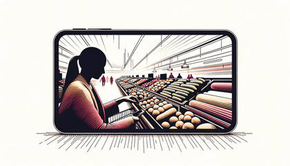 A silhouette of a person shopping for produce is viewed through a smartphone screen, highlighting the intersection of technology and everyday life in a modern grocery store.