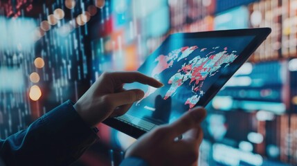 A closeup of a supply chain consultant using a tablet to monitor global logistics performance