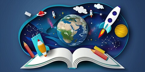 a image of a book with a rocket and a planet in the middle