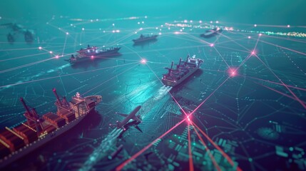 A realistic 8K image of international cargo ships and planes connected by digital lines