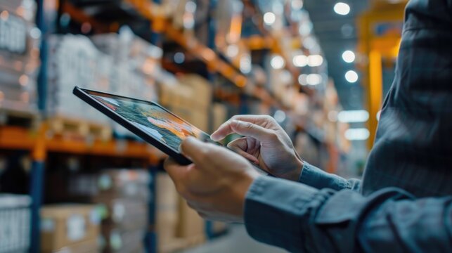 A closeup of a supply chain consultant using a tablet to monitor global logistics performance