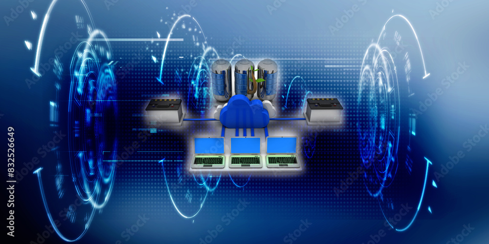 Poster 3d rendering technology computer network connected green energy battery with invertor battery storag