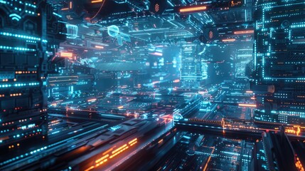A realistic 4K image of a futuristic global logistics hub with interconnected digital systems