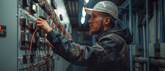An electrician in a hard hat works on an electrical panel.
