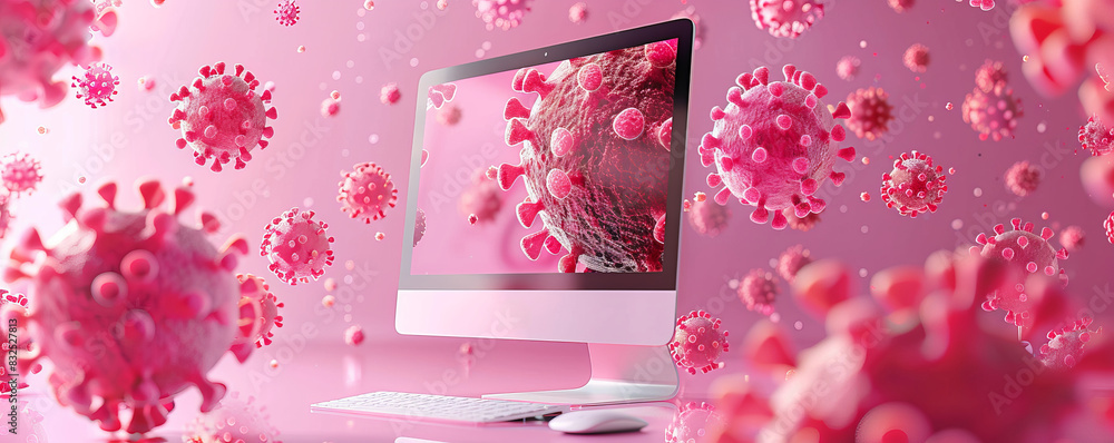 Poster 3d render of computer with virus, pink background, pharma ad concept, many different types and sizes