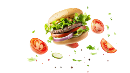Delicious hamburger with fresh vegetables floating