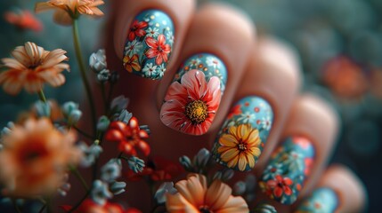 Close-Up Summer Floral Almond-Shaped Manicure: Nail Art Inspiration