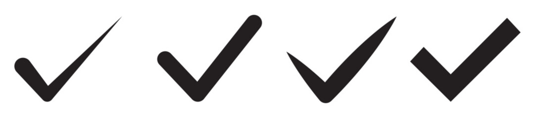 Set of black check mark isolated vector icons. Vote symbol tick. Approved icon. Check mark icon set. Tick checkmark check list button icon.