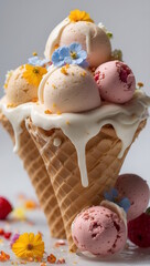 Ice-Cream in a Waffle Cone, colorful dessert, gradient background 