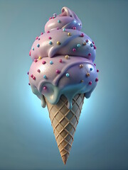 Ice-Cream in a Waffle Cone, colorful dessert, 3D render