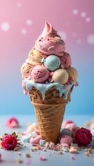 Ice-Cream in a Waffle Cone, colorful dessert, gradient background 