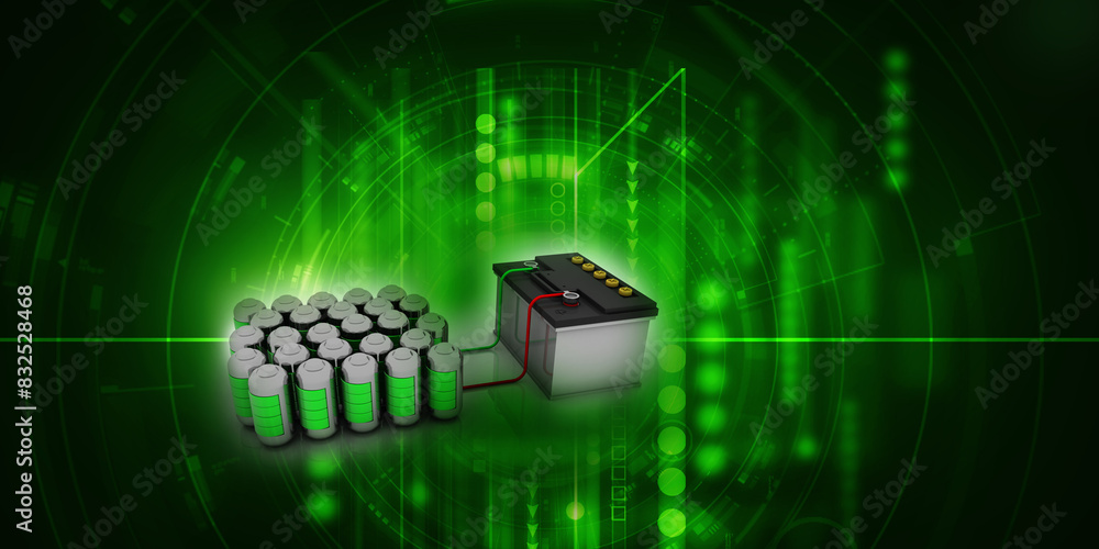 Poster 3d rendering electrical energy and power supply source concept, accumulator inverter battery with ch