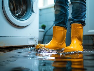 Person in yellow rubber boots standing in flooded laundry room with water splashing, next to washing machine in emergency situation