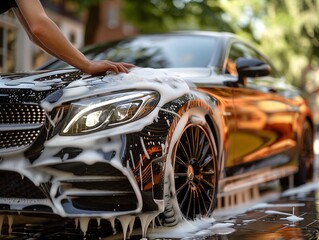 Person washing a luxury black car with soapy water on a sunny day, showcasing car details and reflections, emphasizing care and maintenance