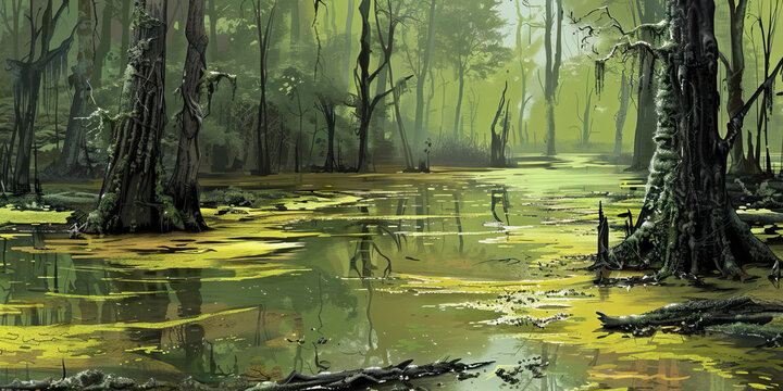 Squalid Sludge Swamp: High-resolution view of a squalid and slimy swamp environment, colored in murky greens, slimy yellows, and dirty browns