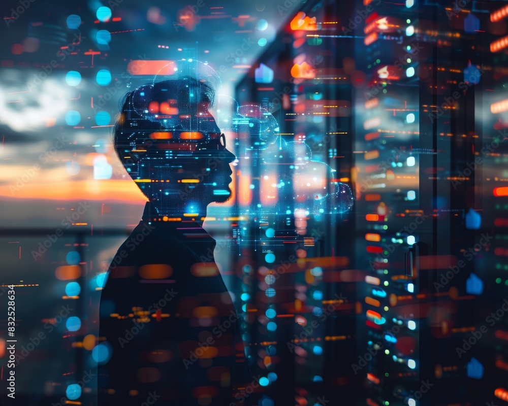 Poster silhouette of a person surrounded by digital data visualizations and futuristic technology elements,