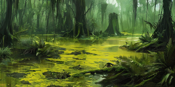 Squalid Sludge Swamp: High-resolution view of a squalid and slimy swamp environment, colored in murky greens, slimy yellows, and dirty browns