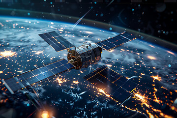 A network of satellites orbiting around a digital Earth, showcasing global connectivity and technological advancement.