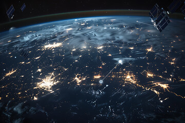 A network of satellites orbiting around a digital Earth, showcasing global connectivity and technological advancement.