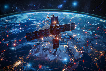 A network of satellites orbiting around a digital Earth, showcasing global connectivity and technological advancement.
