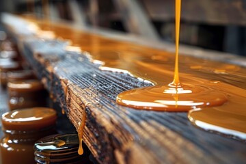 Golden honey being poured into glass jars on a conveyor belt, reflecting an industrial food production - Powered by Adobe