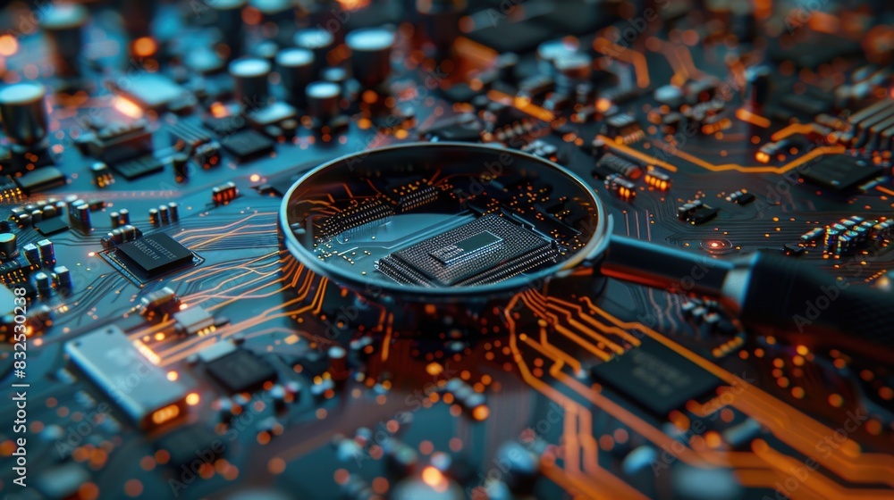 Poster close-up of a magnifying glass on top of a circuit board. ideal for technology or research concepts