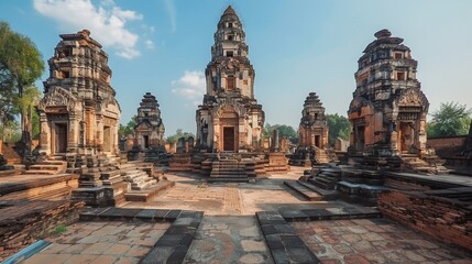 Naklejka premium Ancient stone temple complex with intricate carvings under a clear blue sky.