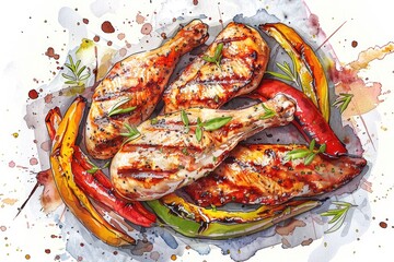 A painting of chicken and peppers on a plate. Suitable for food blogs or recipe websites
