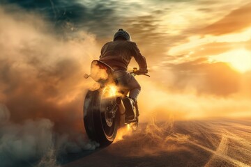 A man riding a motorcycle down a dirt road. Suitable for outdoor and adventure themes