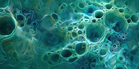 Putrid Puddle Microorganisms: Detailed microscopy of putrid and stagnant water, showcasing microbial growth, algae, and decaying matter, colored in murky blues and algae greens